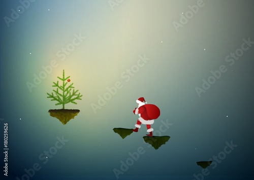 Santa in the dreamland, Santa goes on flying rock to the christmas tree, Santa scene,
