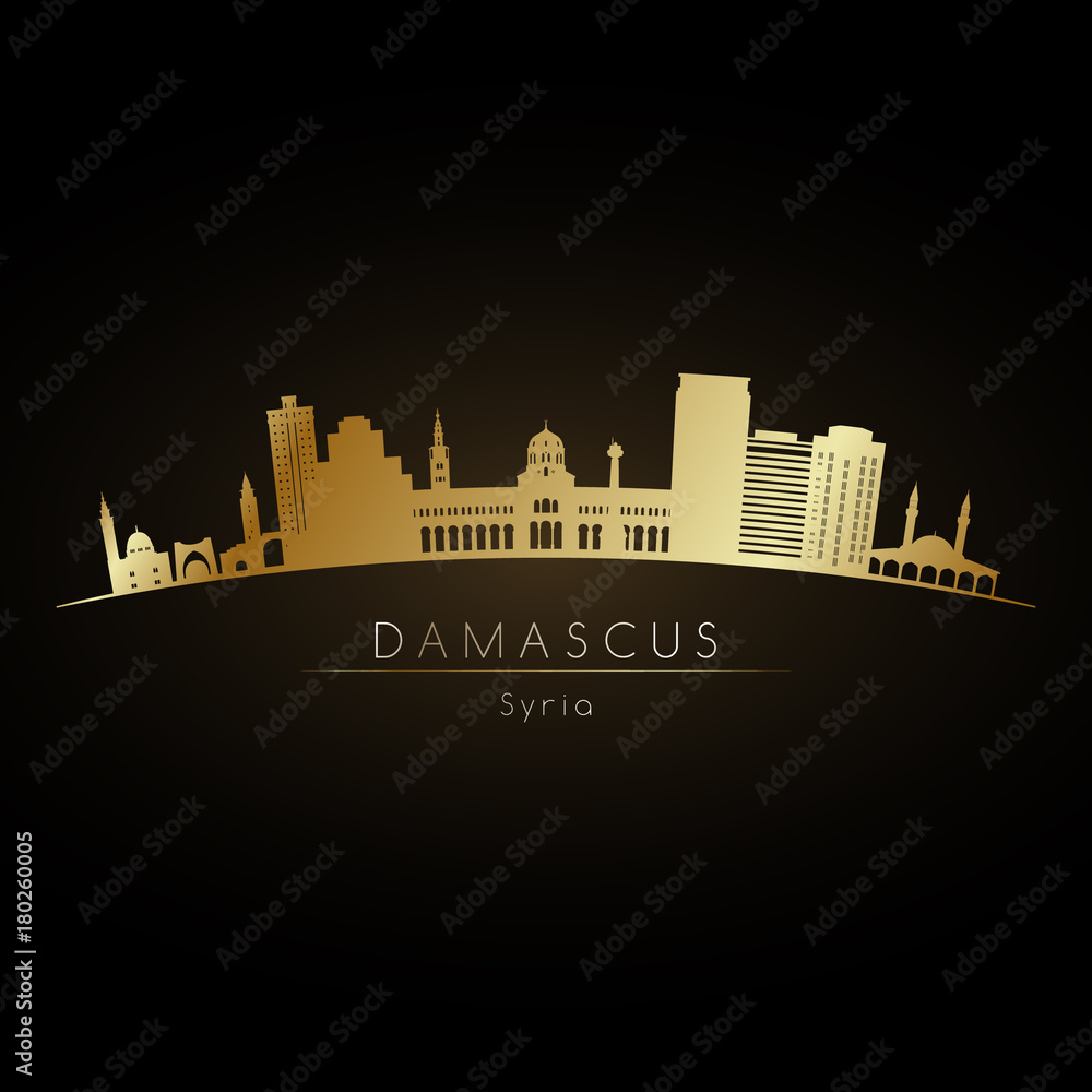 Golden logo Damascus skyline. Vector silhouette illustration.
