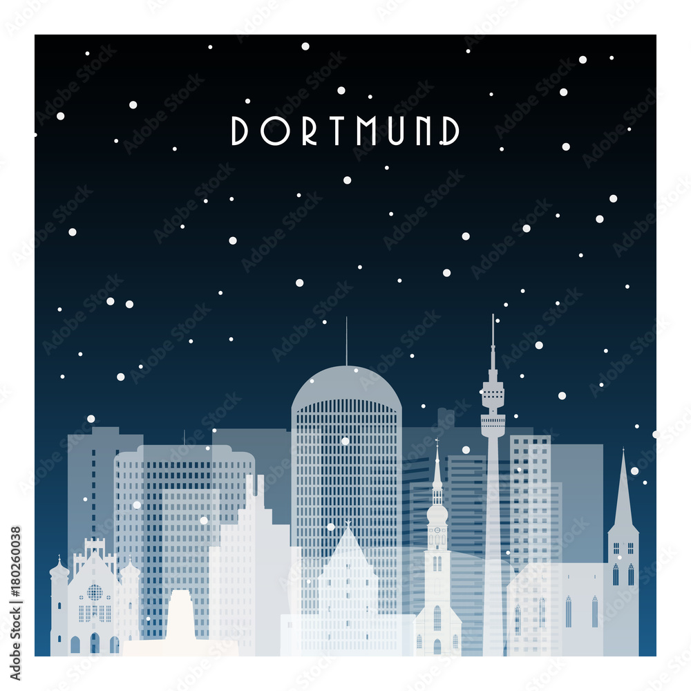 Winter night in Dortmund. Night city in flat style for banner, poster, illustration, game, background.