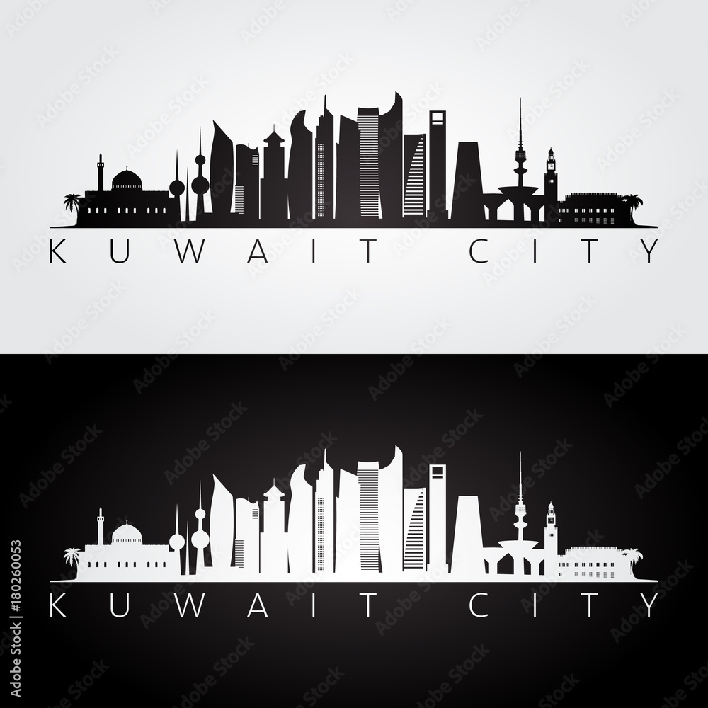 Kuwait city skyline and landmarks silhouette, black and white design, vector illustration.