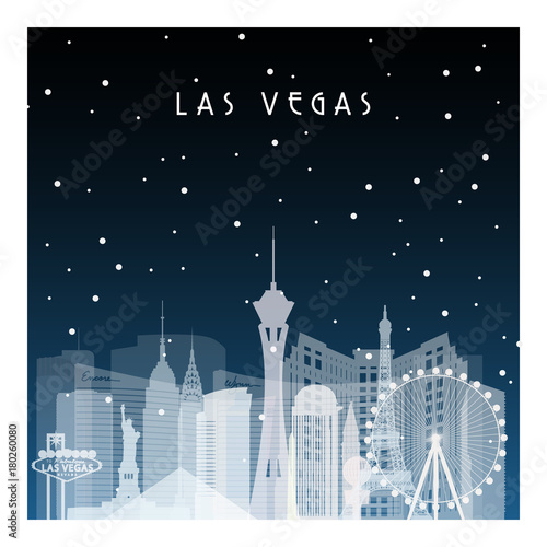 Plakat Zimowa noc w Las Vegas. Nocy miasto w mieszkanie stylu dla sztandaru, plakata, ilustraci, gry, tło.