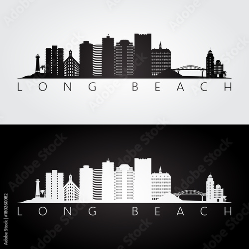 Long Beach usa skyline and landmarks silhouette, black and white design, vector illustration.