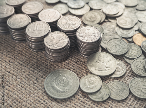 Konstfotografi Background of old coins. Rare coins of Russia Soviet Union.