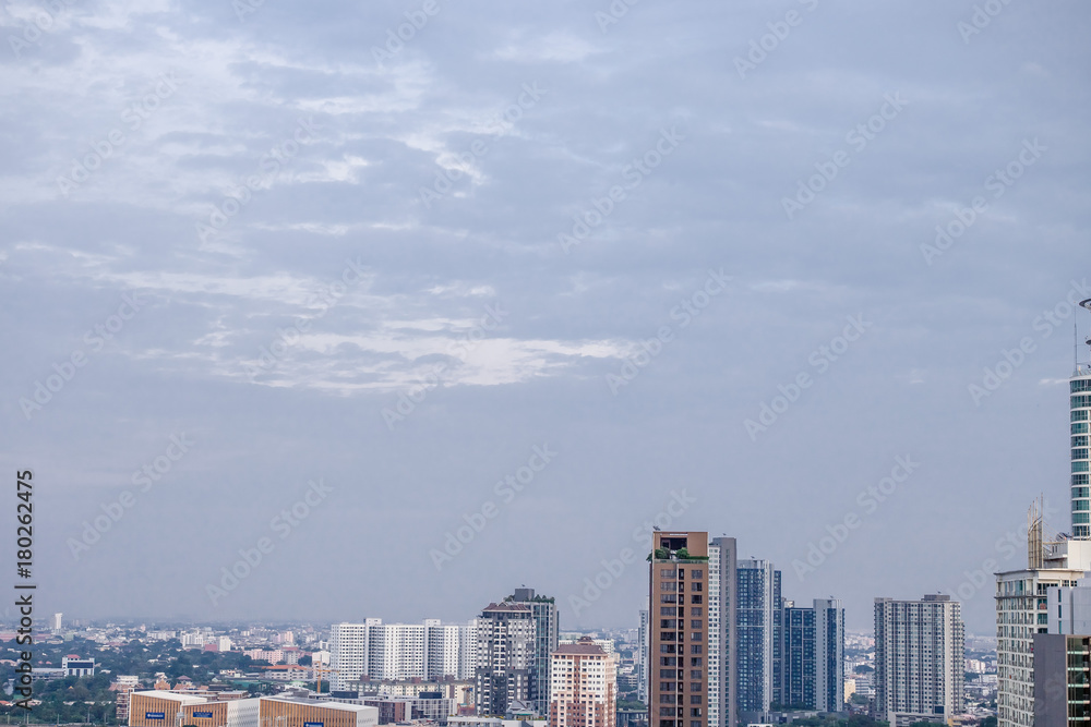 Sky view of city buildings with blue sky at Bangkok Thailand 