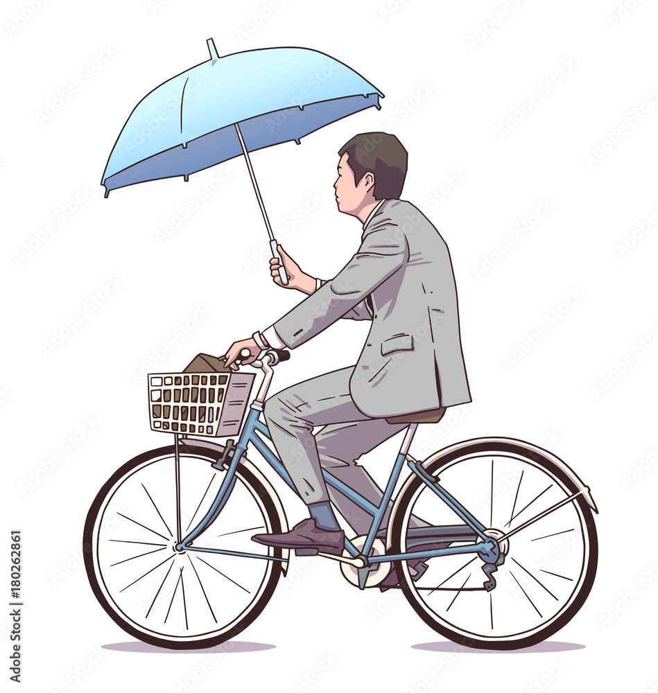 Illustration of man riding bicycle while holding umbrella in business suit Illustration of man riding bicycle while holding umbrella in business suit