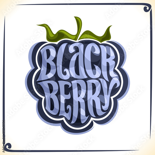 Vector logo for Blackberry, label with one whole berry for package of fresh juice or ice cream, price tag with original font for word blackberry inscribed in fruit shape, sticker for vegan store.