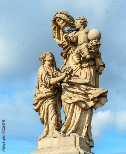 Prague, Czech Republic - October 12, 2017: The statue of Saint Anne installed on the north side of the Charles Bridge in Prague, Czech Republic
