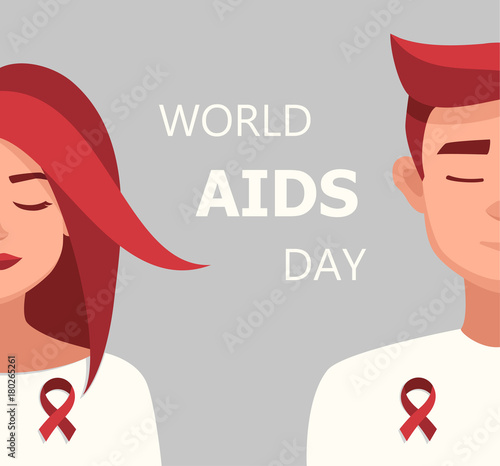 Worlds Aids day card 1 december. Vector cartoon Woman and Man Red Ribbon Worlds AIDS Day.vector illustration for the world day of fight against AIDS.Medical illustration
