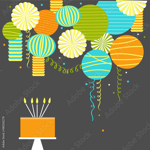 Birthday cake with candles. Vector background with paper Pom Poms, lanterns and garlands.