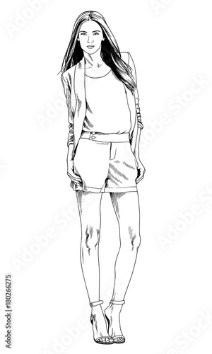 beautiful slim girl in casual clothes, drawn in ink by hand on a white background logo