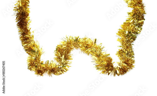 Golden, yellow tinsel, Christmas ornament, decoration, isolated on white background