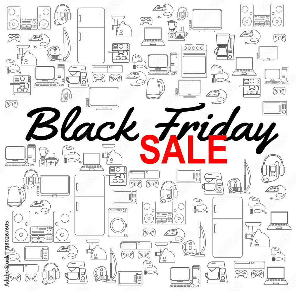 Black friday sale background with  Household appliances icons. Discount template. Various electronics vector icons.