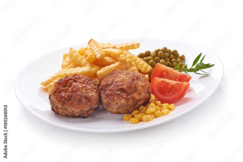 Fried cutlets with patato fries, isolated on white background. Fried cutlets with patato fries, isolated on white background.
