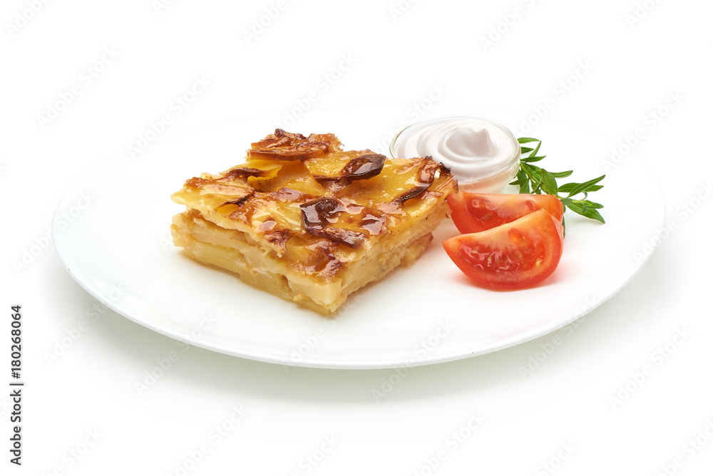 Potato casserole, isolated on white background. Potato casserole, isolated on white background.