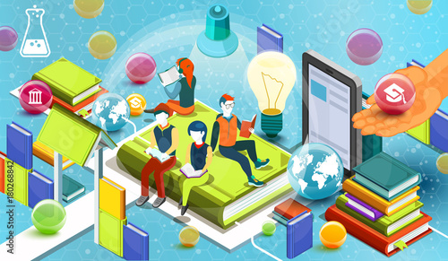 Reading people.  Educational concept. Online library. Online education isometric flat design on blue background. Vector illustration