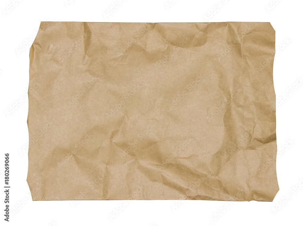 Old brown crumpled textured paper isolated on white background.