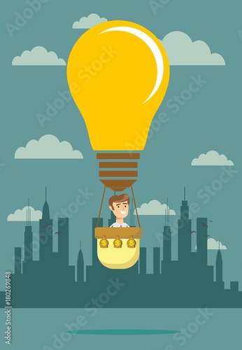 The businessman flies to the top with his idea. Vector illustration in a flat style.