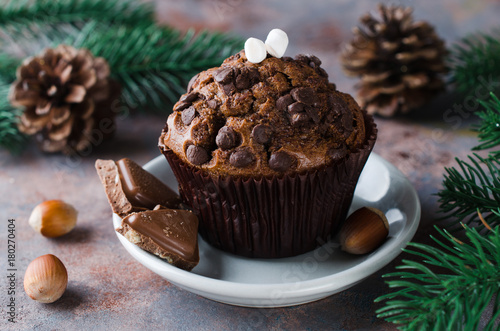 Chocolate muffin and branches fir. Christmas time.