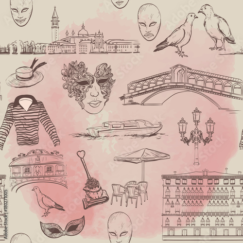 Watercolor Seamless pattern with Venice sketch