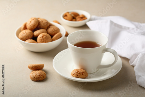 Breakfast tea in white cup