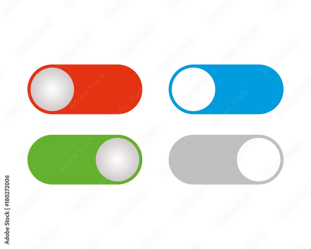 Flat simple illustration of buttons isolated on white background. Green, blue, gray and red icons on and off buttons in the cartoon style. on and off toggle switch. Vector image.