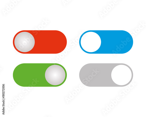 Flat simple illustration of buttons isolated on white background. Green, blue, gray and red icons on and off buttons in the cartoon style. on and off toggle switch. Vector image.