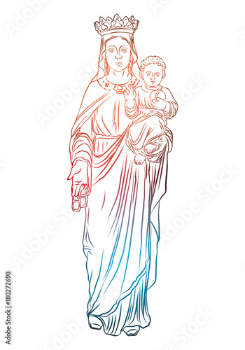 Virgin Mary holding baby Jesus. Christian and Christmas holiday template drawn in colour and white illustration. Color adult flesh tattoo concept. Vector.