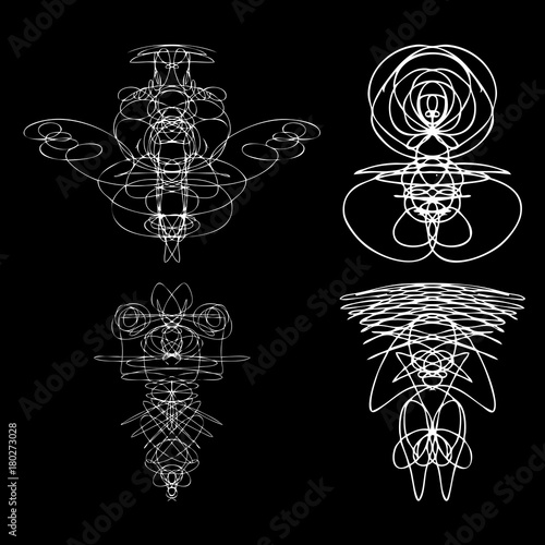 Voodoo spirits symmetrical symbols set. Abstract geometric hand drawn spiritual black magic craft insignia Voodoo deity. Occultism, sacred geometry magic alien. Vector.