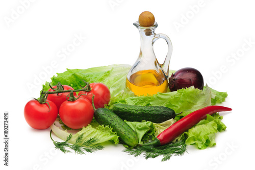 Fototapeta Naklejka Na Ścianę i Meble -  Set vegetable and jug of vegetable oil isolated