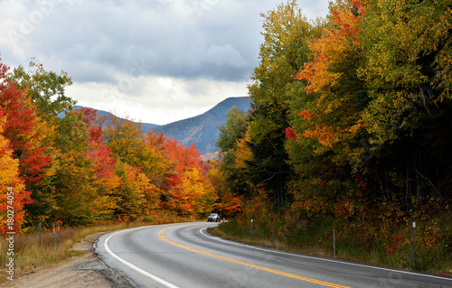 Beautiful fall foliage along the famous Kancamagus Highway at White Mountain, New Hampshire, USA