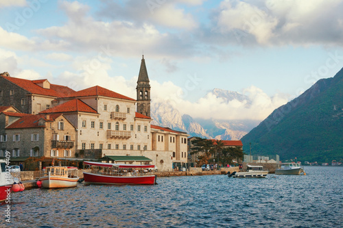 View of old town of Perast with bell tower of church of St. Nicholas. Bay of Kotor  Montenegro  autumn