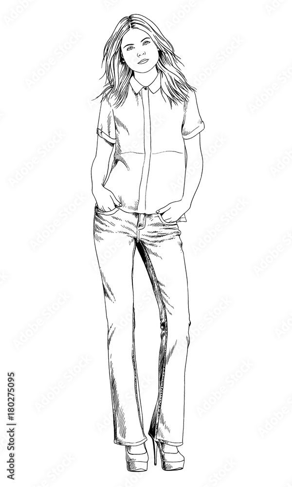 slender sporty girl drawn in ink by hand on a white background