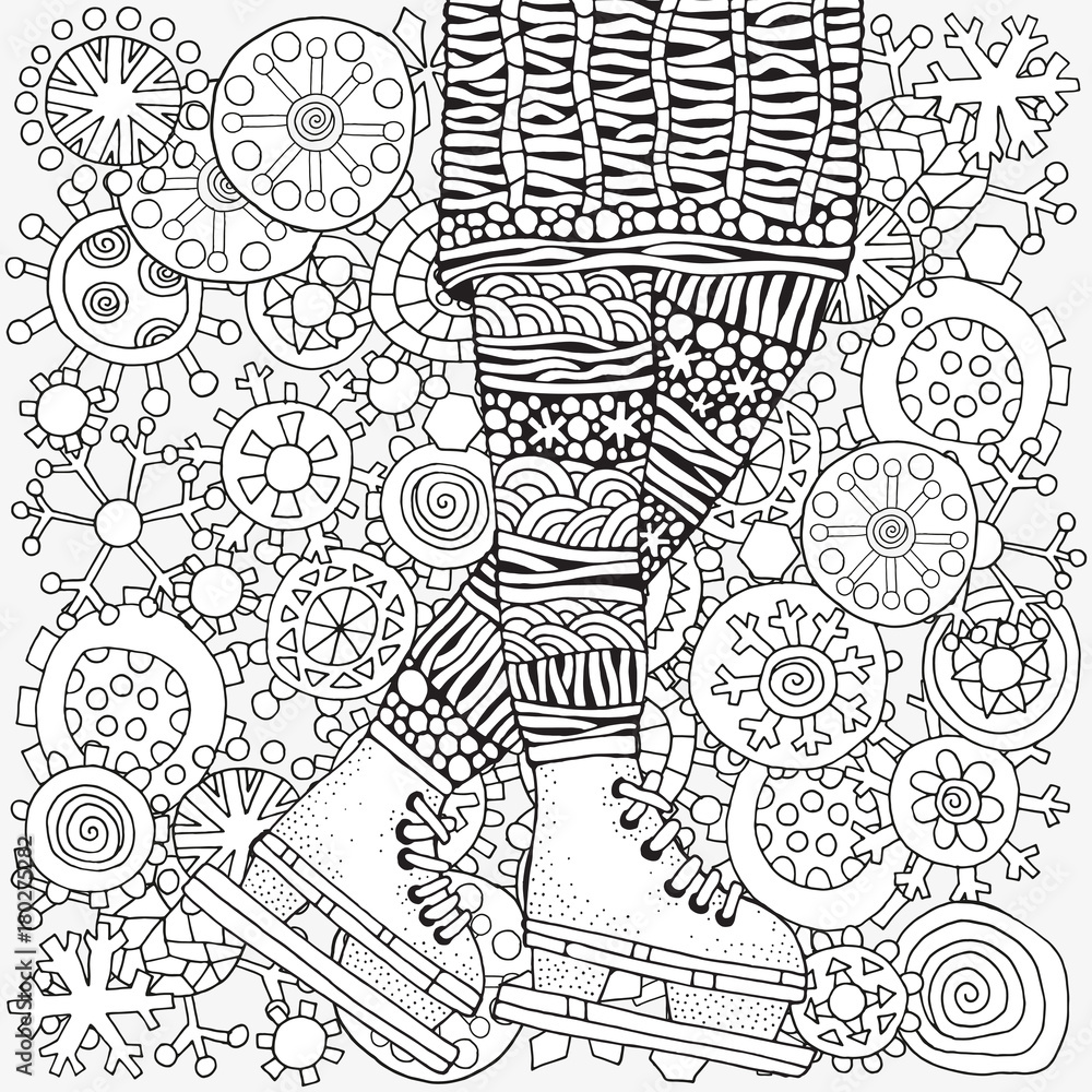 Winter girl on skates. Winter snowflakes. Adult Coloring book page. Hand-drawn vector illustration. Pattern for coloring book. Zentangle. Black and white.