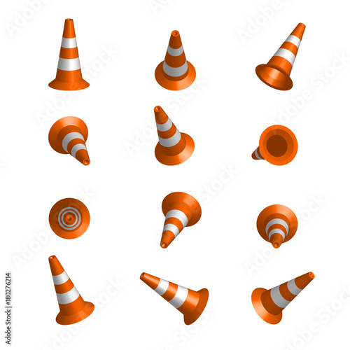 Realistic vector traffic cones. Set of orange road cones with stripes. 3d rendering isolated on the white background. Traffic signs.
