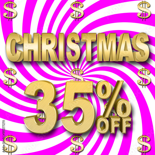 Stock Illustration - Golden 35 Percent Off, Golden Christmas, Golden Dollar Sign, Bright Pink and White Background, 3D Illustration.