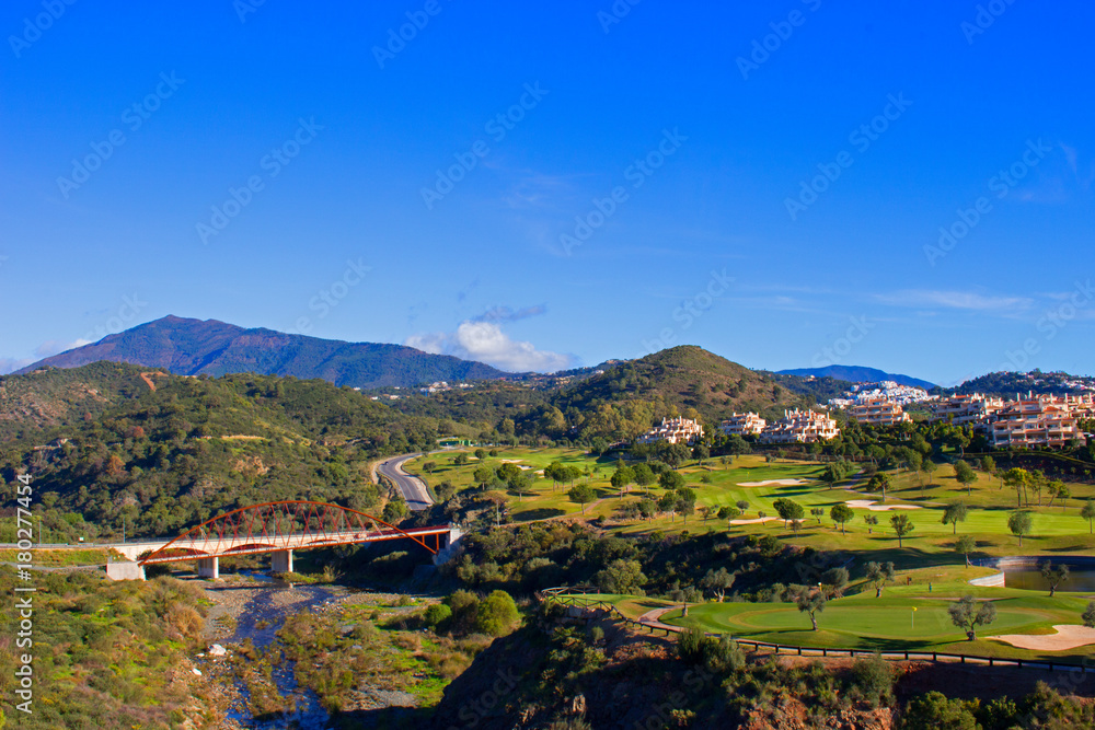 Bridge. Beautiful day. River and mountains. Costa del Sol, Andalusia, Spain.