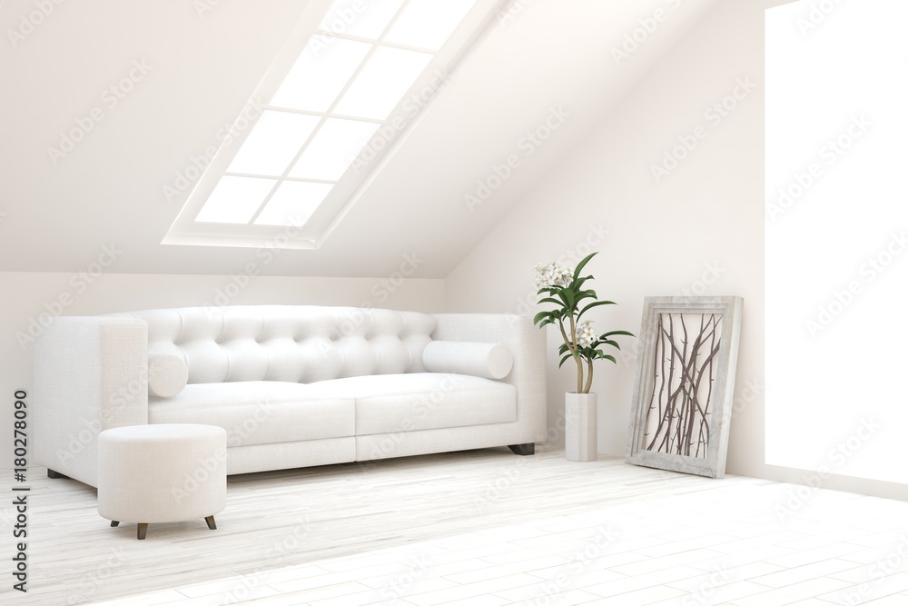 Idea of white minimalist room with sofa. Scandinavian interior design. 3D illustration Idea of white minimalist room with sofa. Scandinavian interior design. 3D illustration