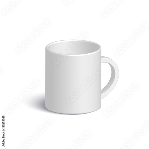 White realistic vector mug. Isolated 3d cup with shadow on white background. Vector template for Mock Up. Vector illustration