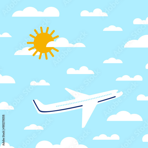 Flat airplane illustration. View of a flying aircraft in sky. Passenger plane on a background of clouds and a bright sky