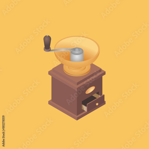 Vector illustration with old coffee grinder. Retro manual coffee grinder in isometric style. Vintage mill
