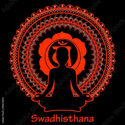Outline silhouette of meditating women on black background. Swadhisthana chakra. Vector illustration.