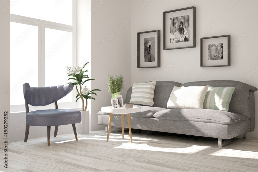 Naklejka premium Idea of white minimalist room with sofa. Scandinavian interior design. 3D illustration