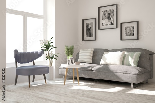 Idea of white minimalist room with sofa. Scandinavian interior design. 3D illustration © AntonSh