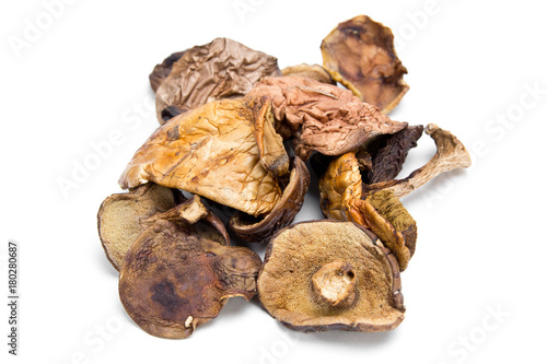 Dried mushrooms on a white background closeup. Boletus, orange-cap boletus.