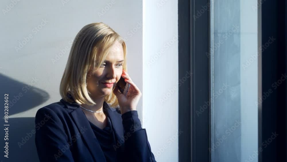 Beautiful blonde businesswoman talking on the mobile phone and looking over city view from office window / Businesswoman talking on the mobile phone Beautiful blonde businesswoman talking on the mobile phone and looking over city view from office window / Businesswoman talking on the mobile phone