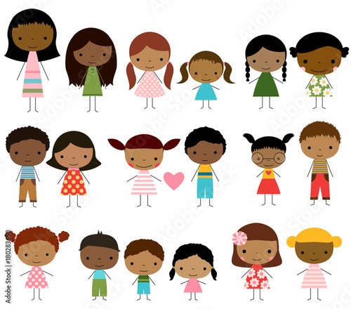 Cute group of stick figures kids - boys and girls with dark skin
