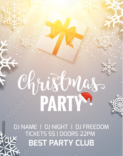 Christmas party poster invitation decoration design gift box and light. Xmas holiday template background with snowflakes