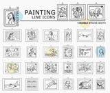 Famous painting line icons with minimal nodes and editable stroke width and style