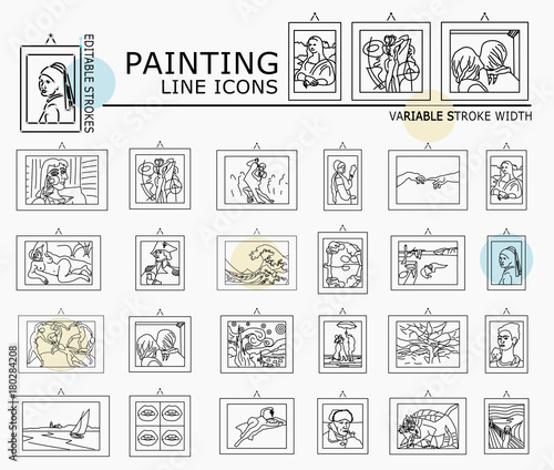Famous painting line icons with minimal nodes and editable stroke width and style
