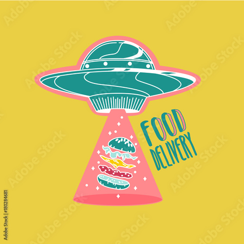 Food delivery logo colorful.UFO space ship steals burger. Vector illustration